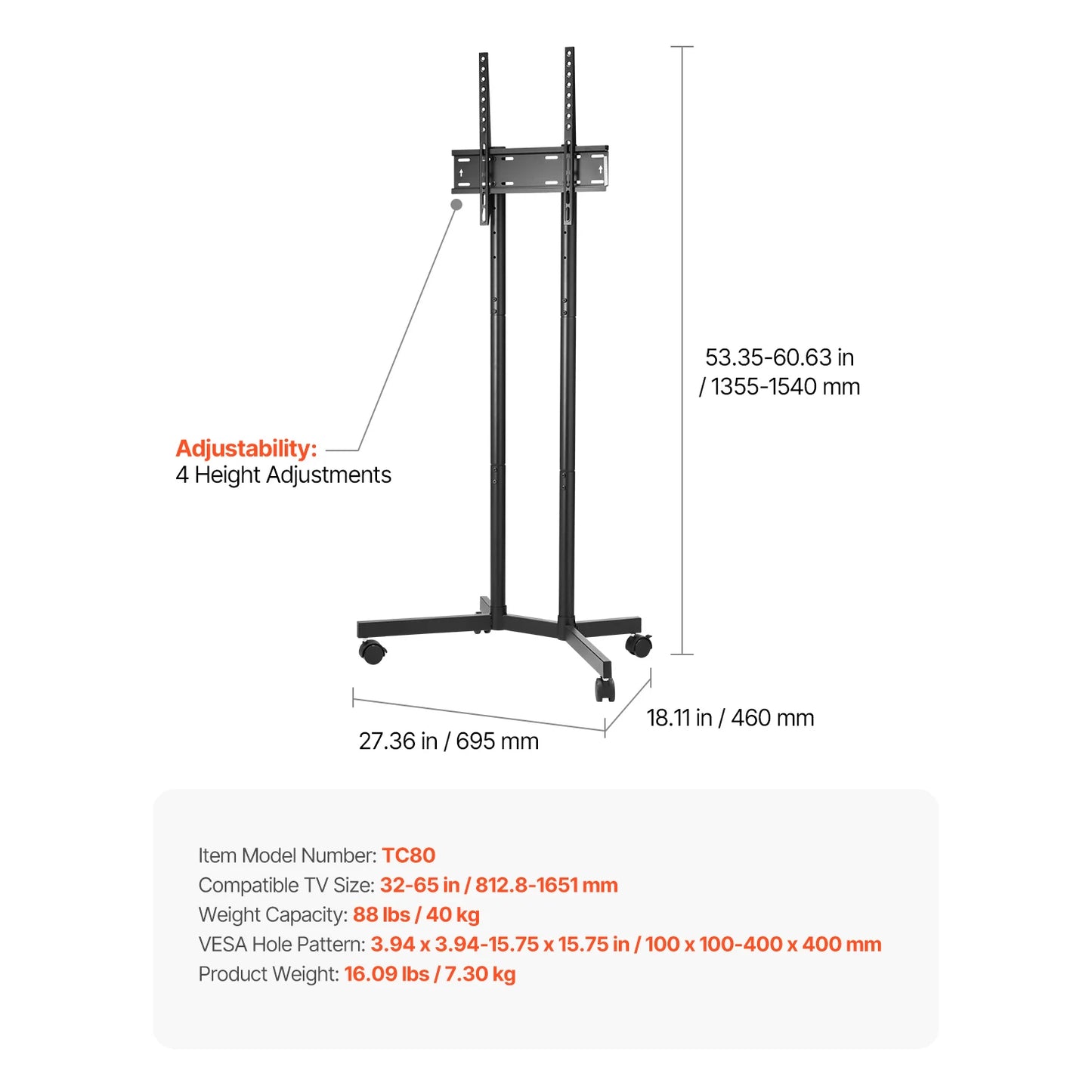 Rolling TV Stand for Various Sizes