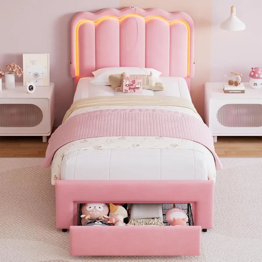 Upholstered LED Bed Frame with Storage Drawer
