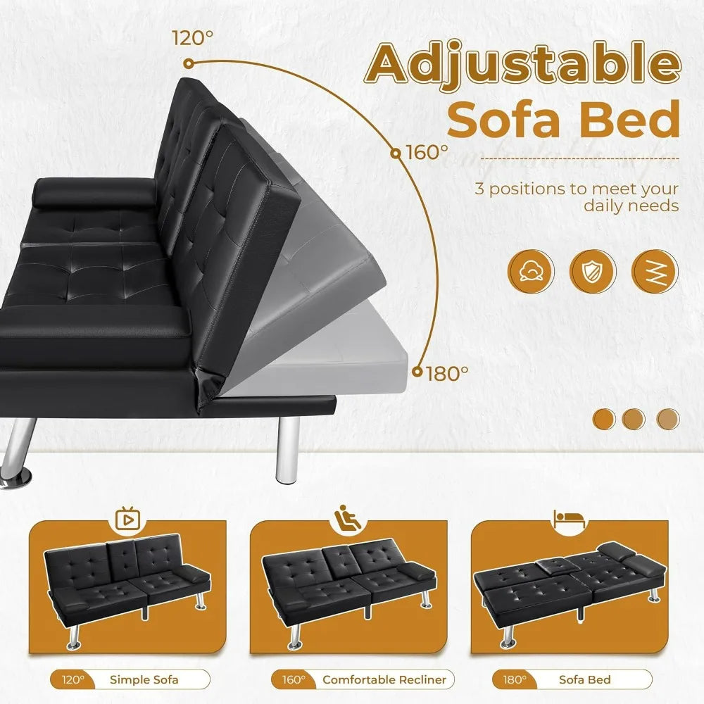 Modern Faux Leather Futon Sofa with Armrest