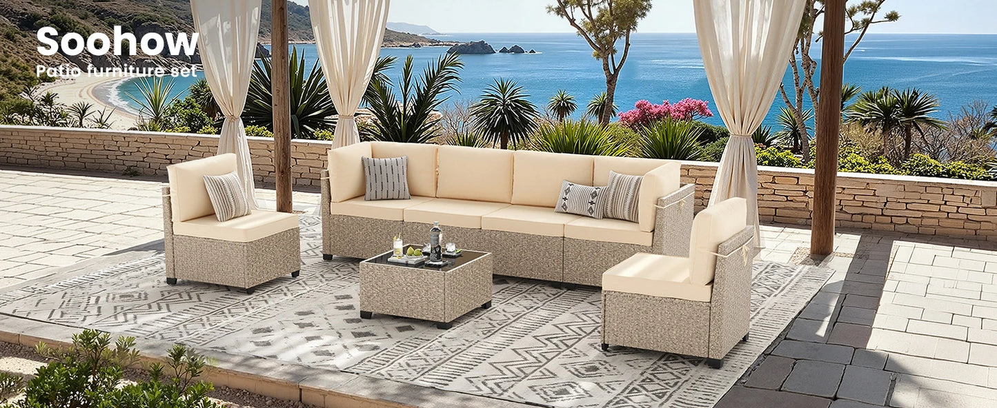 All-Weather Rattan Sectional Sofa with Tempered Glass Table