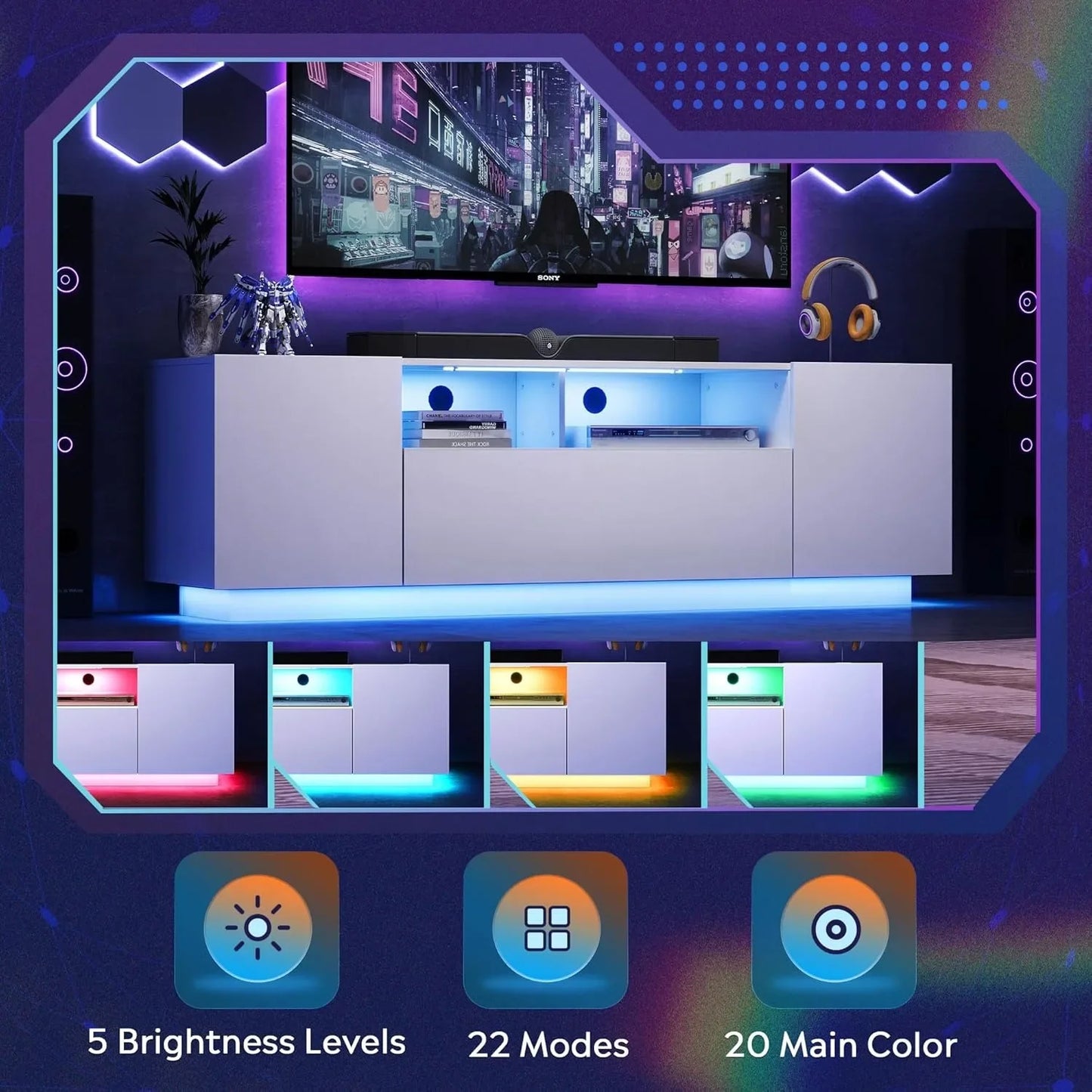 Modern Entertainment Center TV Stand with LED Lights & Large Storage Cabinet