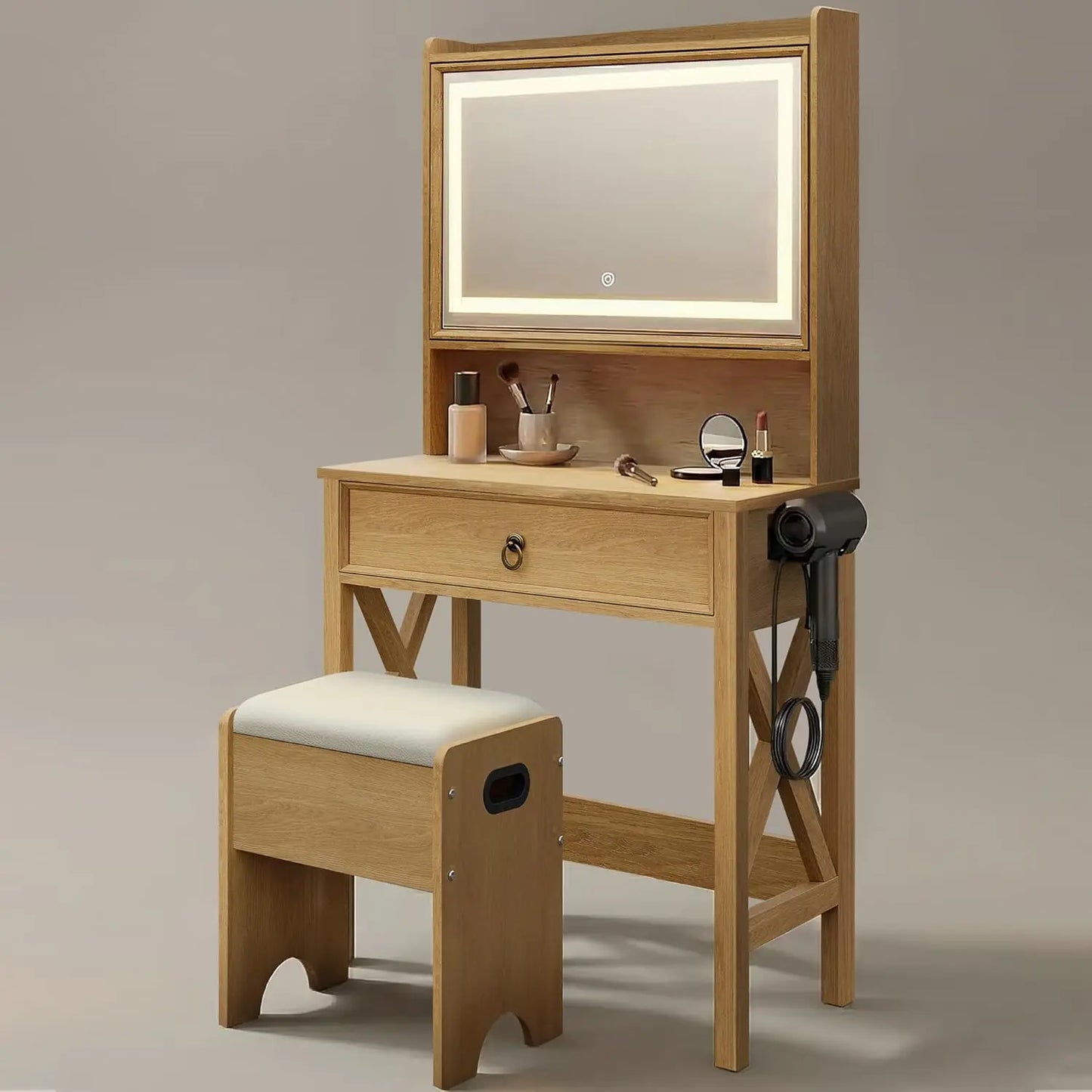 Vanity Desk Lighted Mirror with Charging Station and Storage Shelf