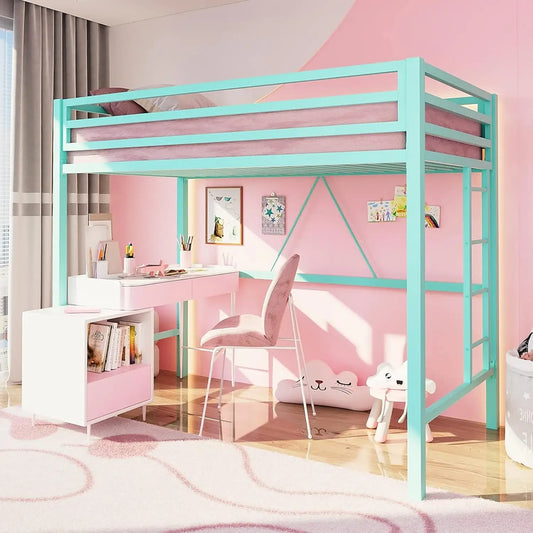 Twin Size Metal Loft Bed with Safety Guardrail And Ladder Space Saving