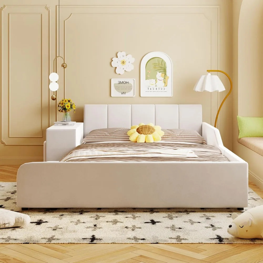 Upholstered Grounded Wood Platform Bedside Desk and Little Round Stool