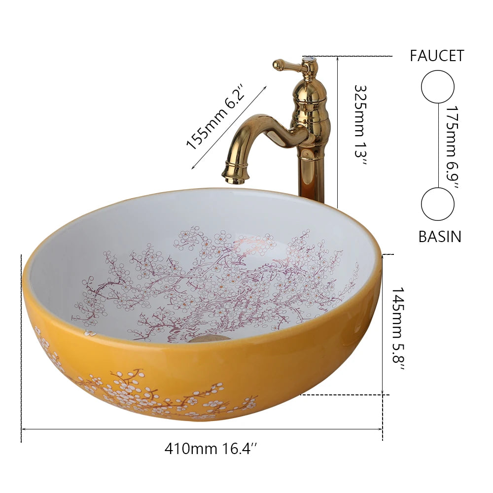 Ceramic Vessel Counter Top Flower Bird Pattern Bowl Sinks for Bathrooms