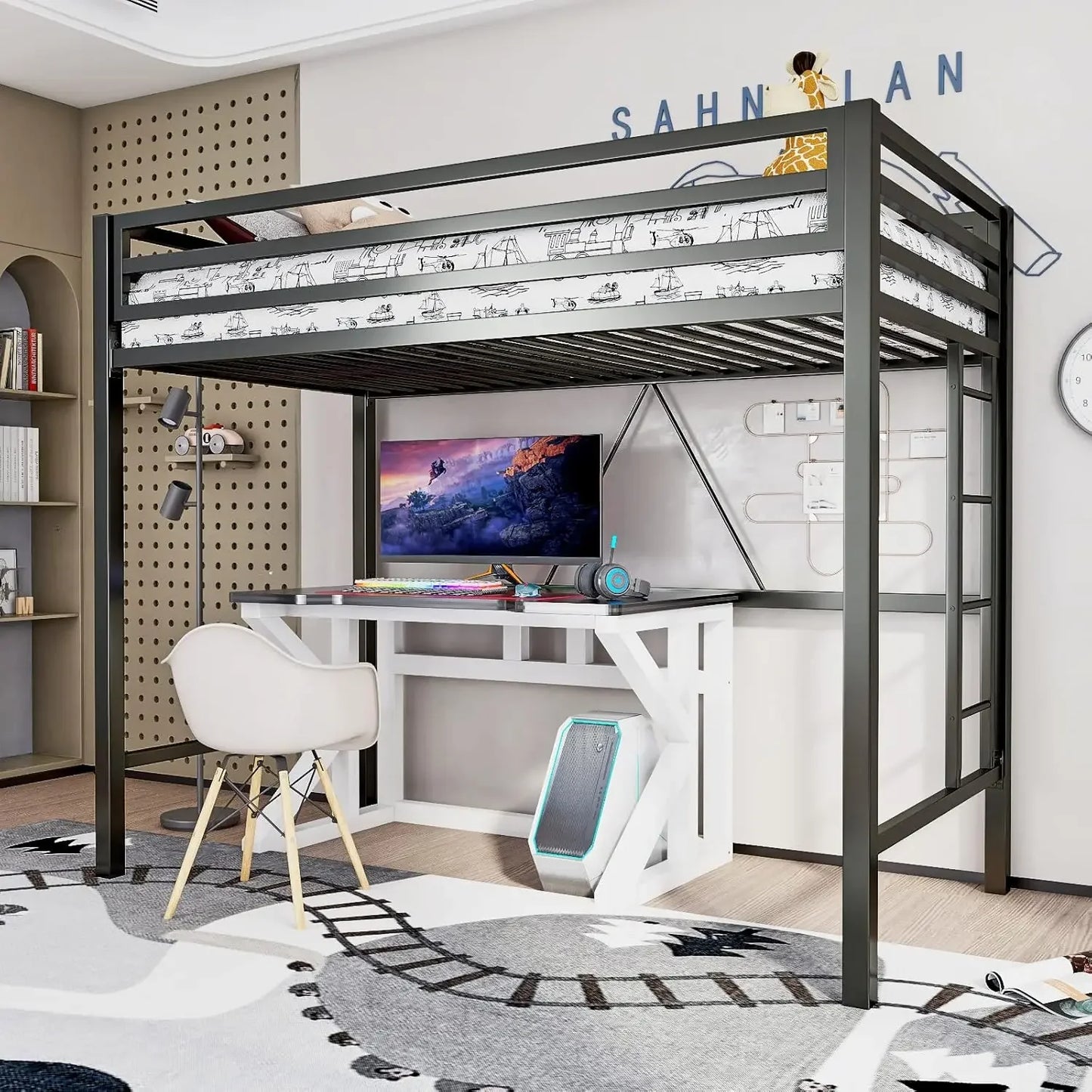 Twin Size Metal Loft Bed with Safety Guardrail And Ladder Space Saving