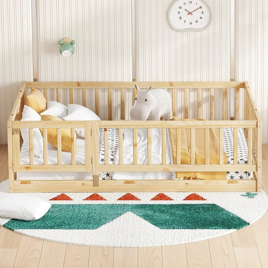 Montessori Floor Bed with Slats with Fence and Door