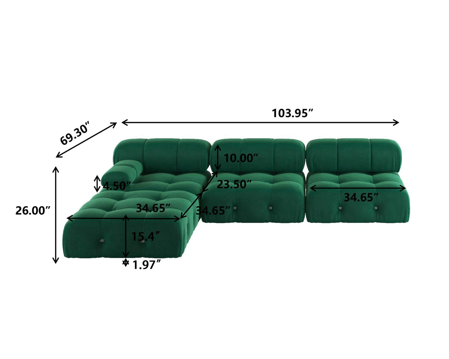Modern L-Shaped Velvet Couch with Reversible Ottoman