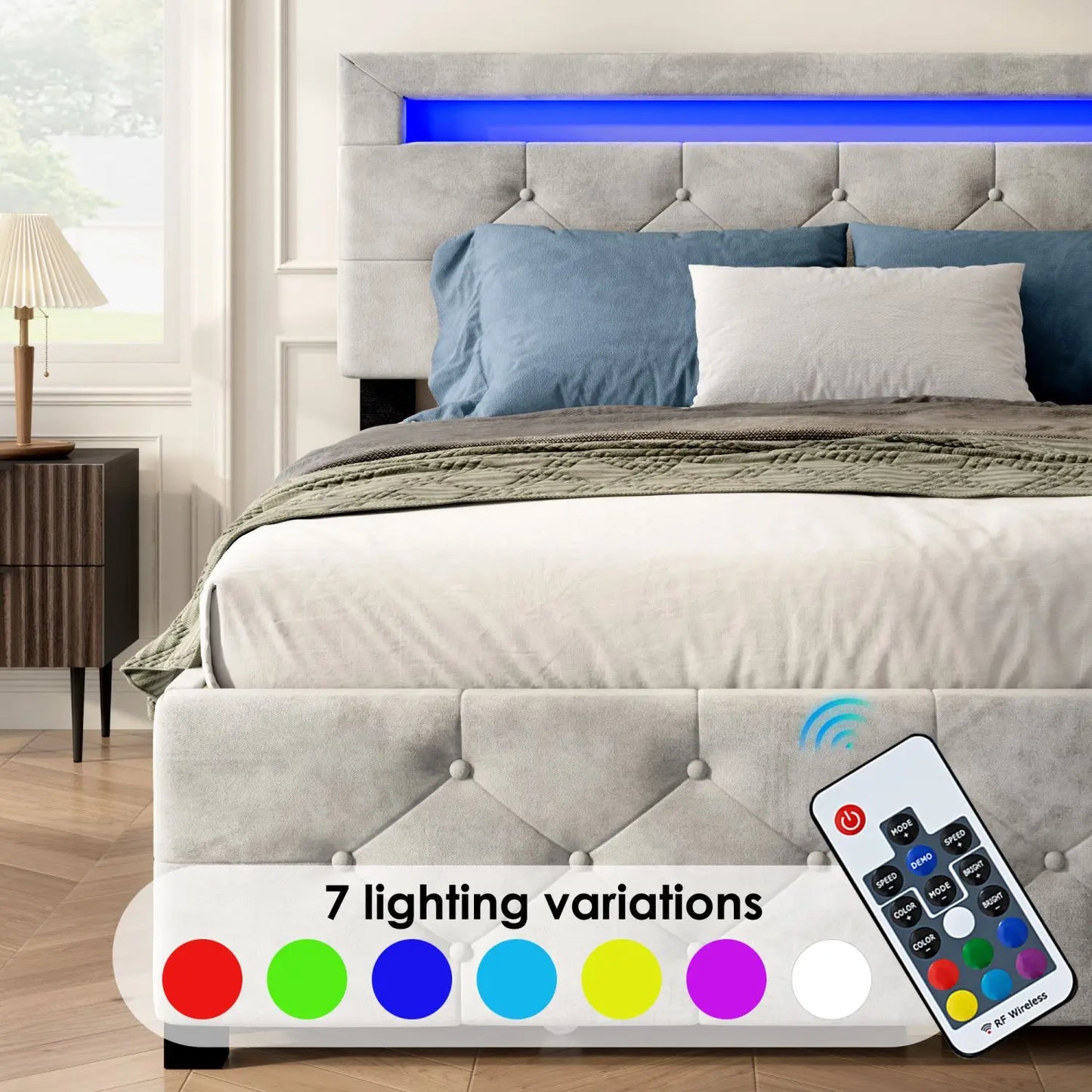 Upholstered Platform Storage Bed Frame with LED Light