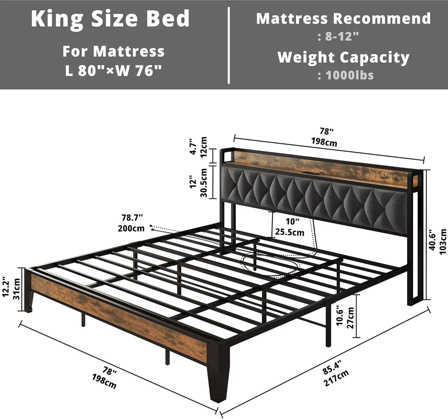 Bed Frames, Storage Headboard with Outlets, No Noise, No Box Springs Needed