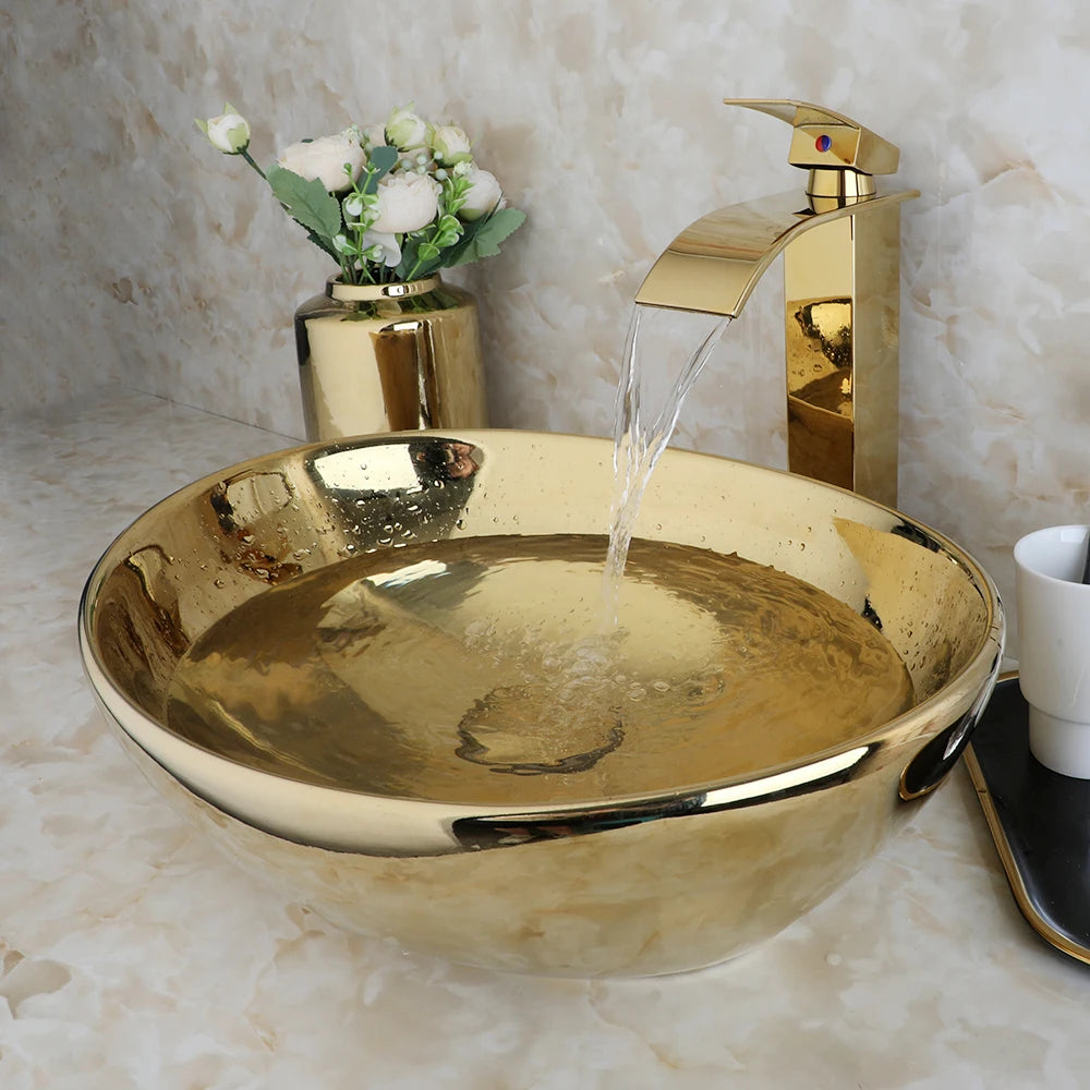 Gold Ceramic Luxury Bathroom Vessel Sink Set
