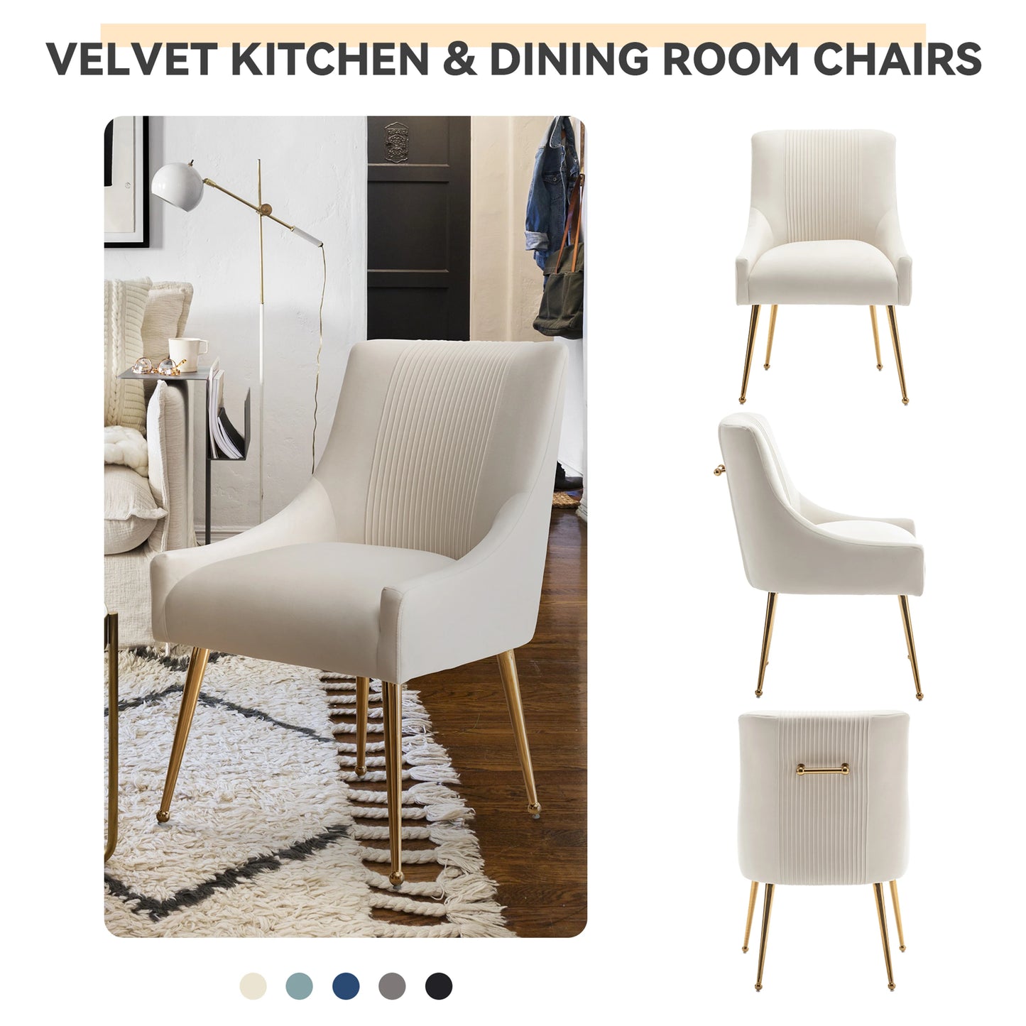 Modern Glam Vanity Buckle Pleated Velvet Dining Chair with Rear Handle