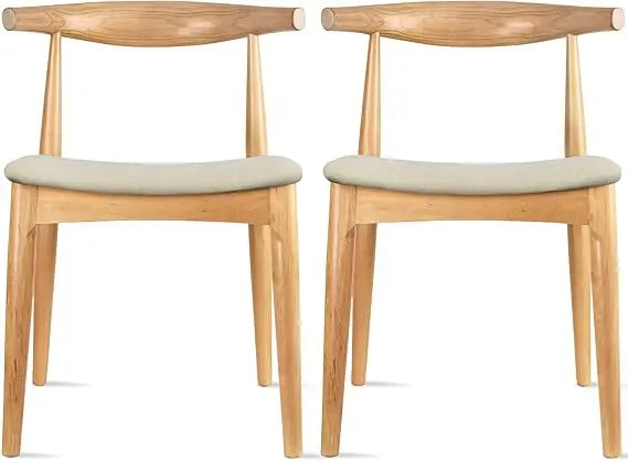 Pair of Wooden Dining Chairs with Beige Linen Cushioned Seats