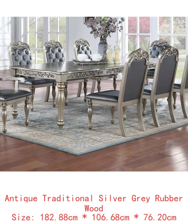 Formal 1pc Dining Table with 2 Leaves, Silver Grey Finish, Antique Design