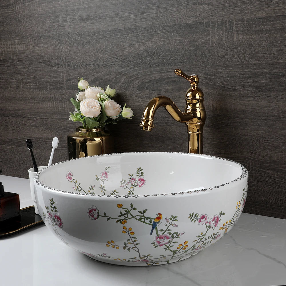 Ceramic Vessel Counter Top Flower Bird Pattern Bowl Sink