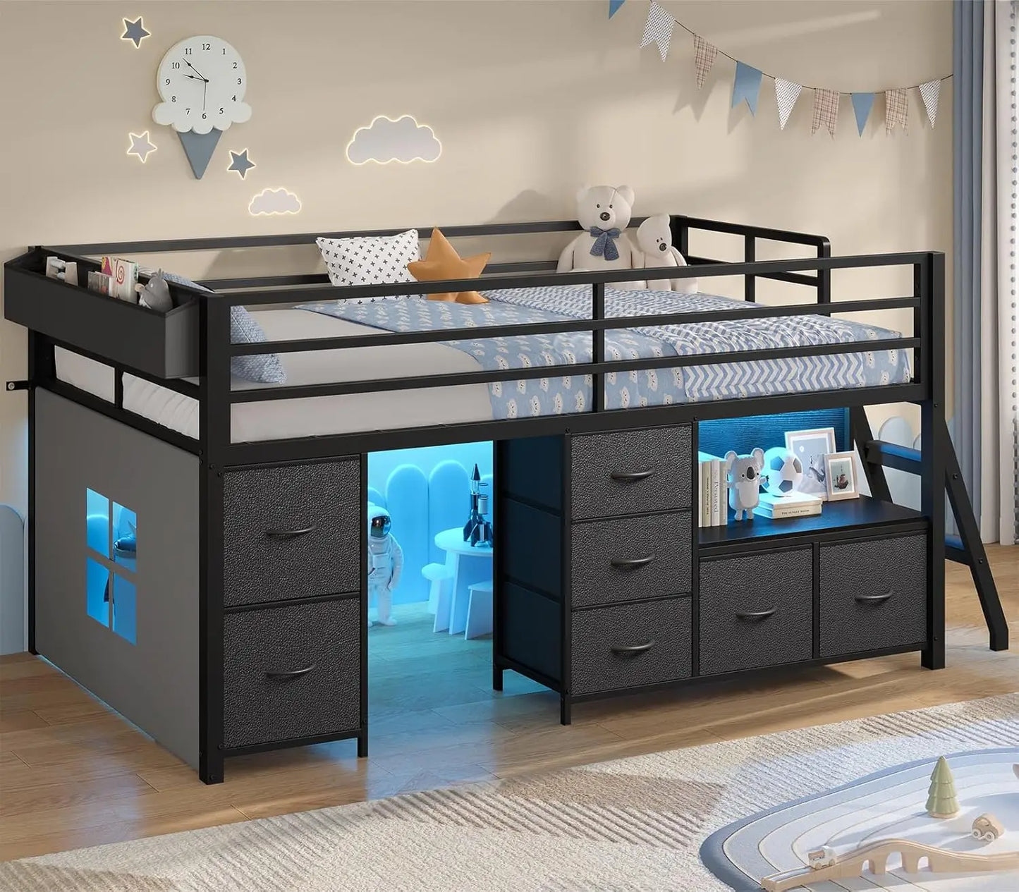Metal Low Loft Bed Twin Size with Bookcase and LED Lights