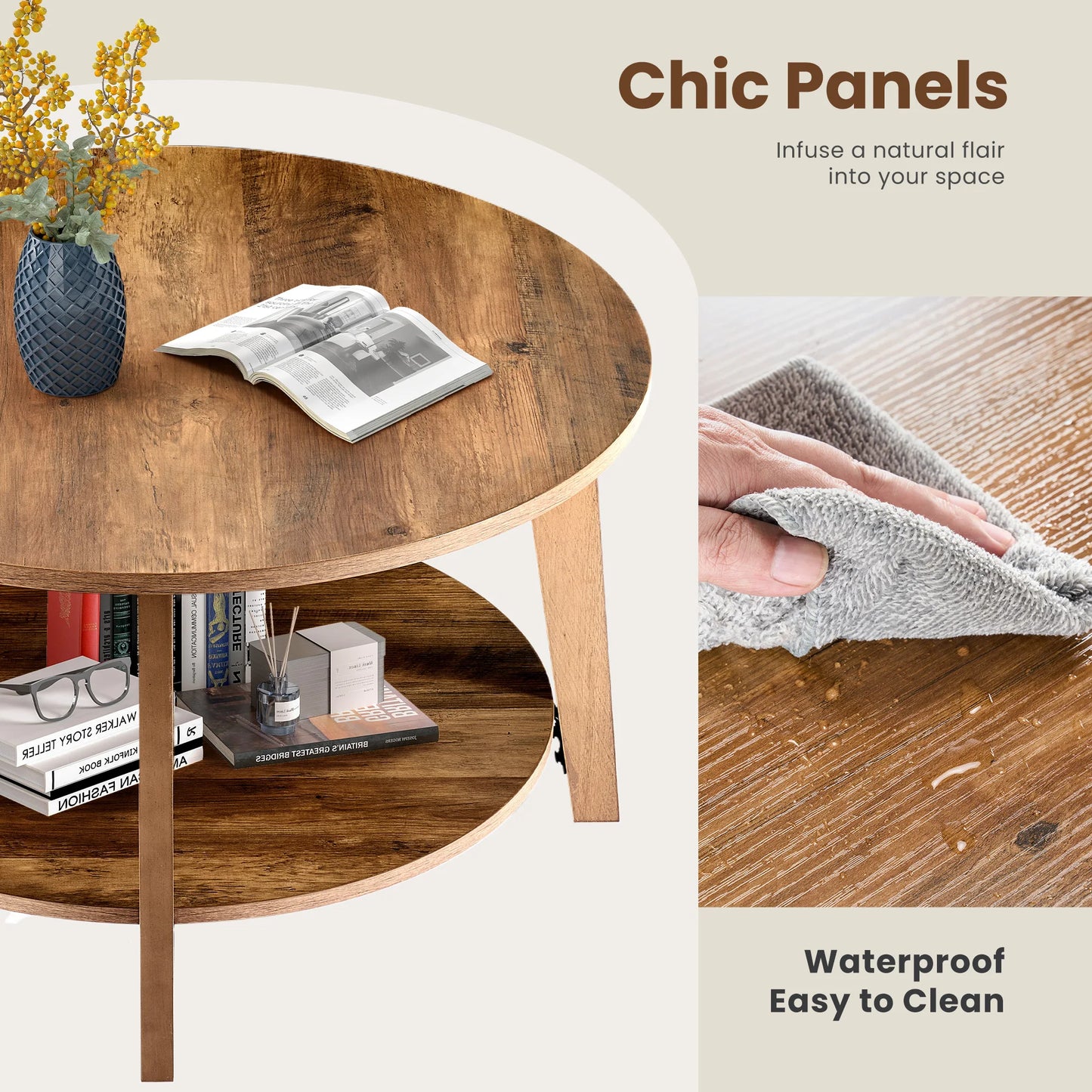 Wood Round Coffee Table with Storage Capacity