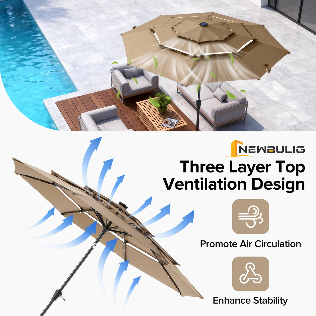 LED Lights Crank 8 Sturdy Ribs Patio Umbrella