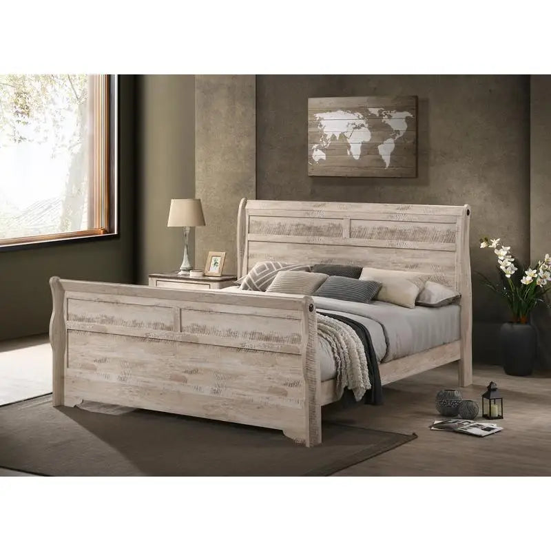 Contemporary White Wash Finish Sleigh Bedroom Set