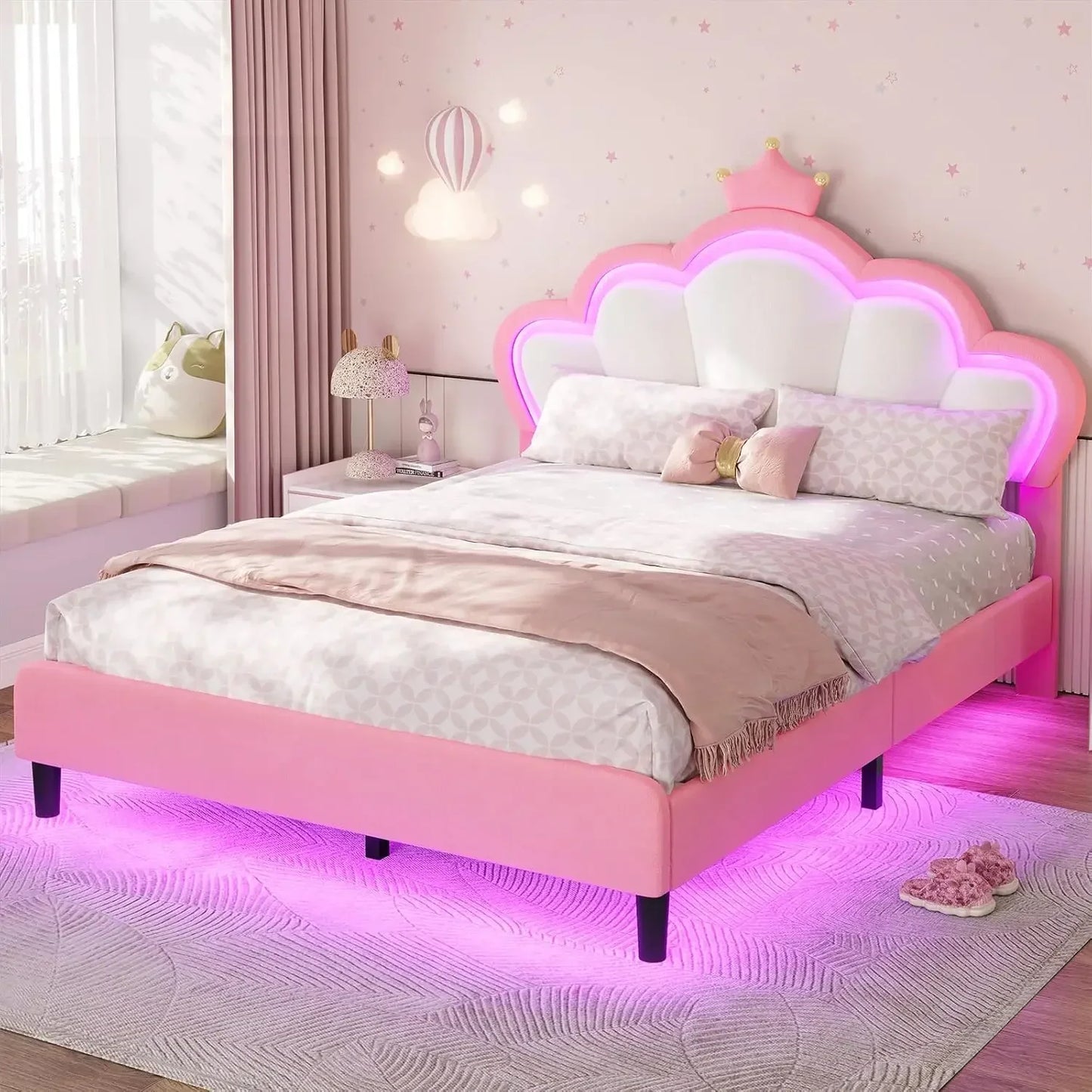 Princess Bed Frame with LED Lights and Adjustable Chic Double Shell Headboard