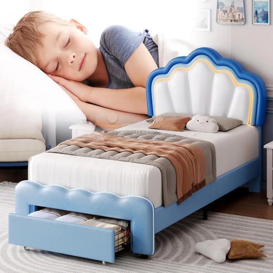 Twin Upholstered LED Bed Frame with Storage Drawers with Adjustable Lotus Headboard