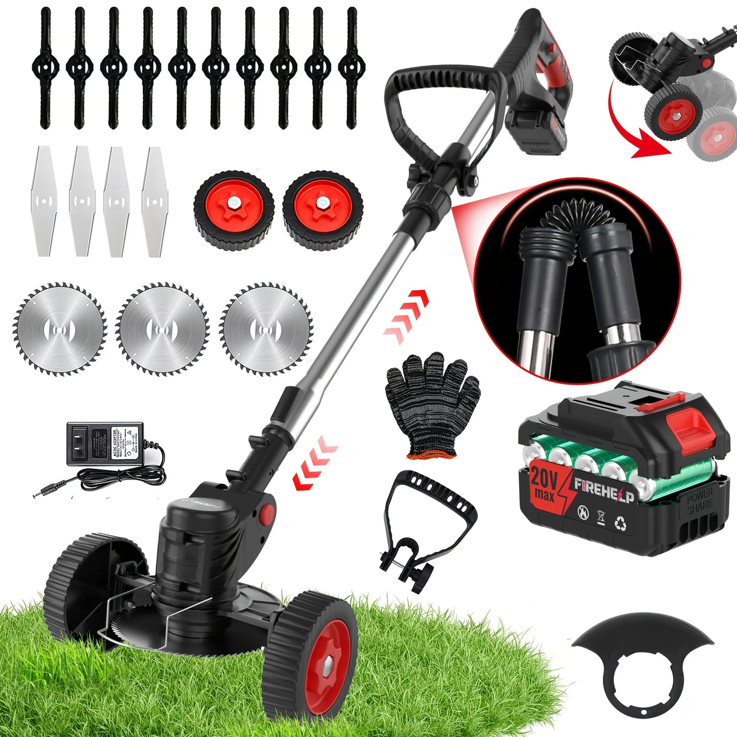 Portable household cordless electric lawn mower, garden weeder & cordless trimmer.