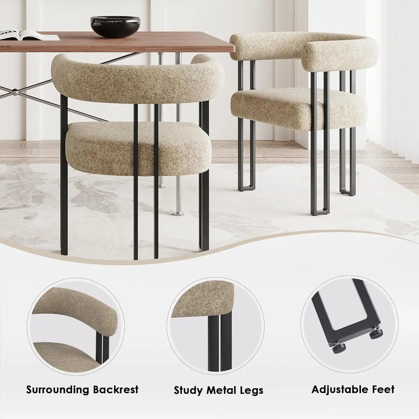 Bouclé Fabric Accent Upholstered Dining Arm Chairs