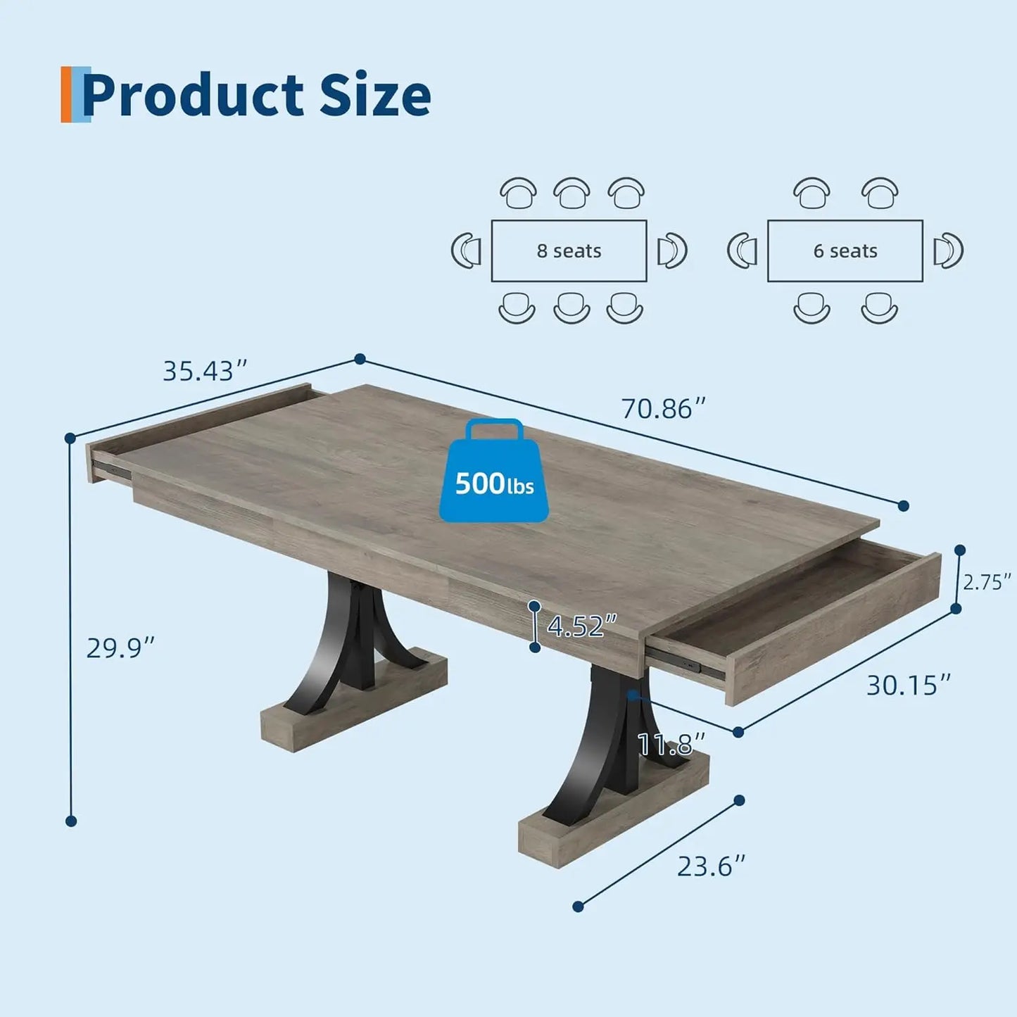 Wooden Dining Table with Rectangular Dining Tabletop & Double Pedestal