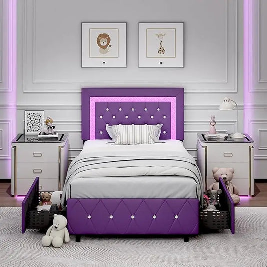Twin Bed Frame with Storage Drawers & LED Lights