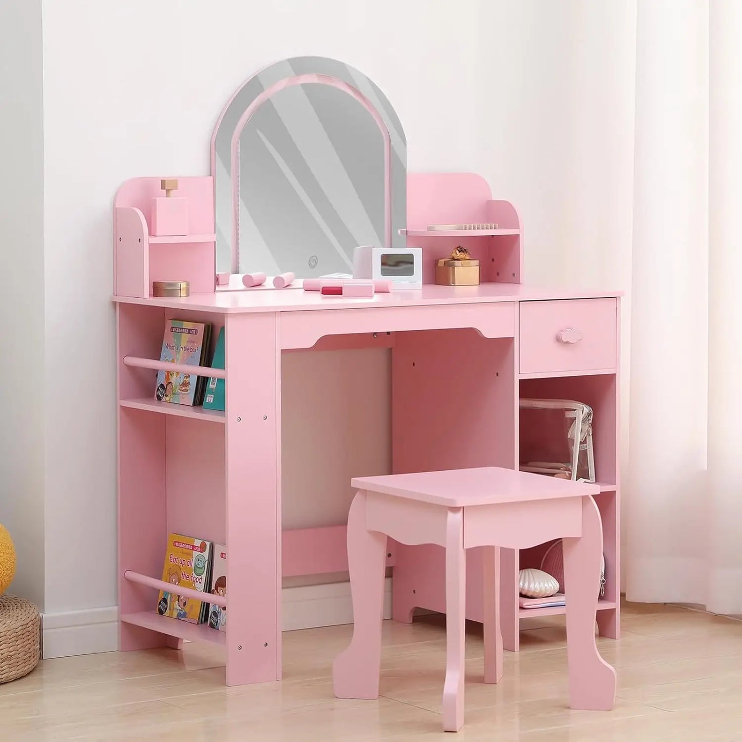 Vanity Table and Chair Set with Storage Shelves & Drawer
