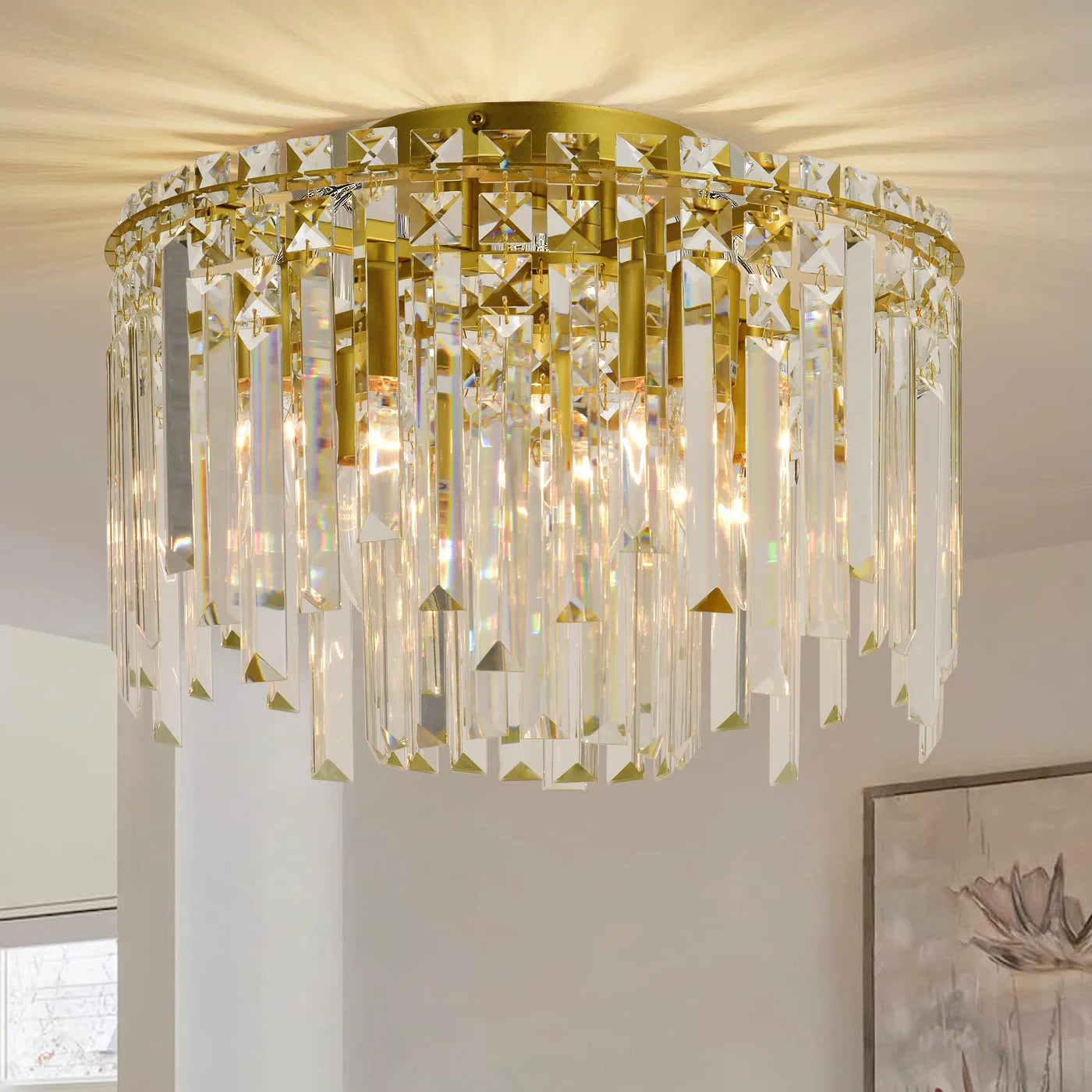 Luxury Gold Crystal Flush Mount Teardrop Crystal Chandelier