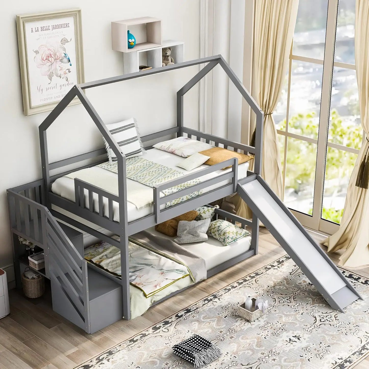 Twin Over Twin Bunk Bed with Slide and Stairs and Storage Shelves