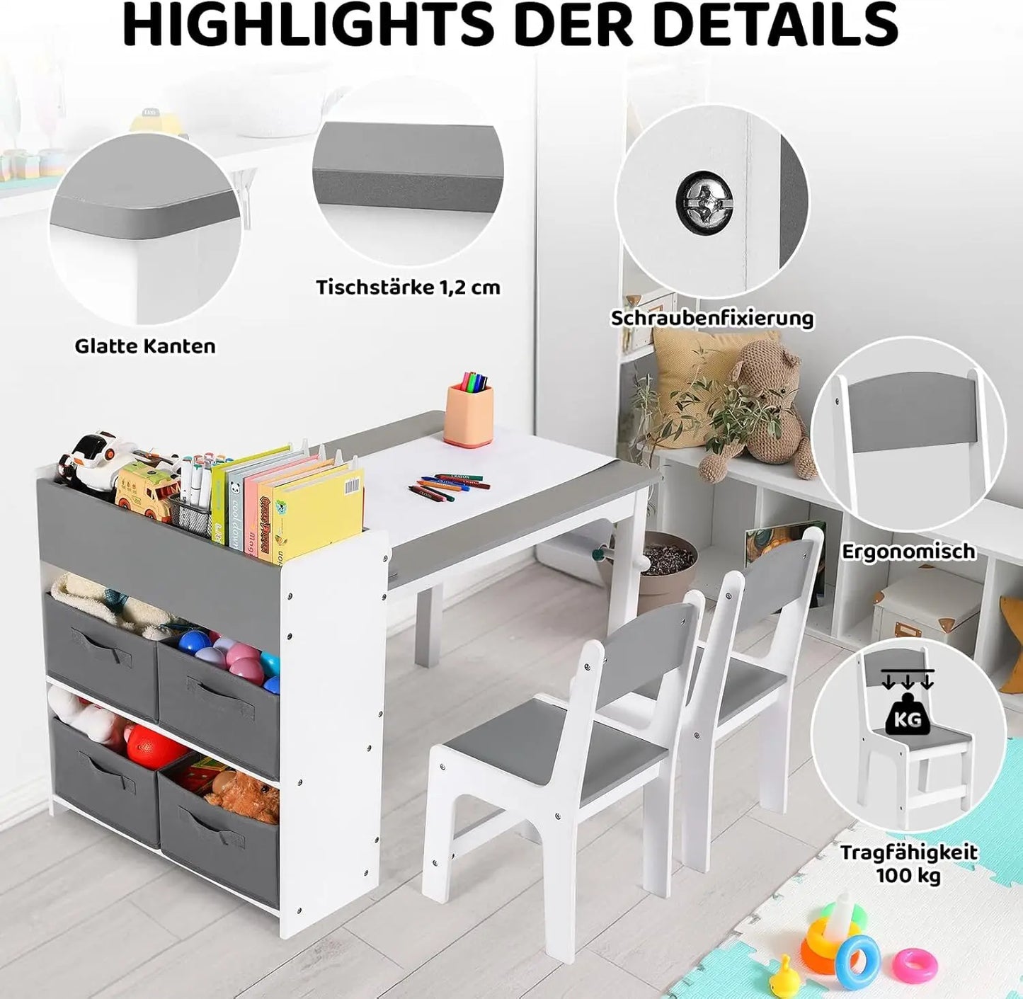 Craft Table with Storage Shelves, Canvas Bins and Paper Roll