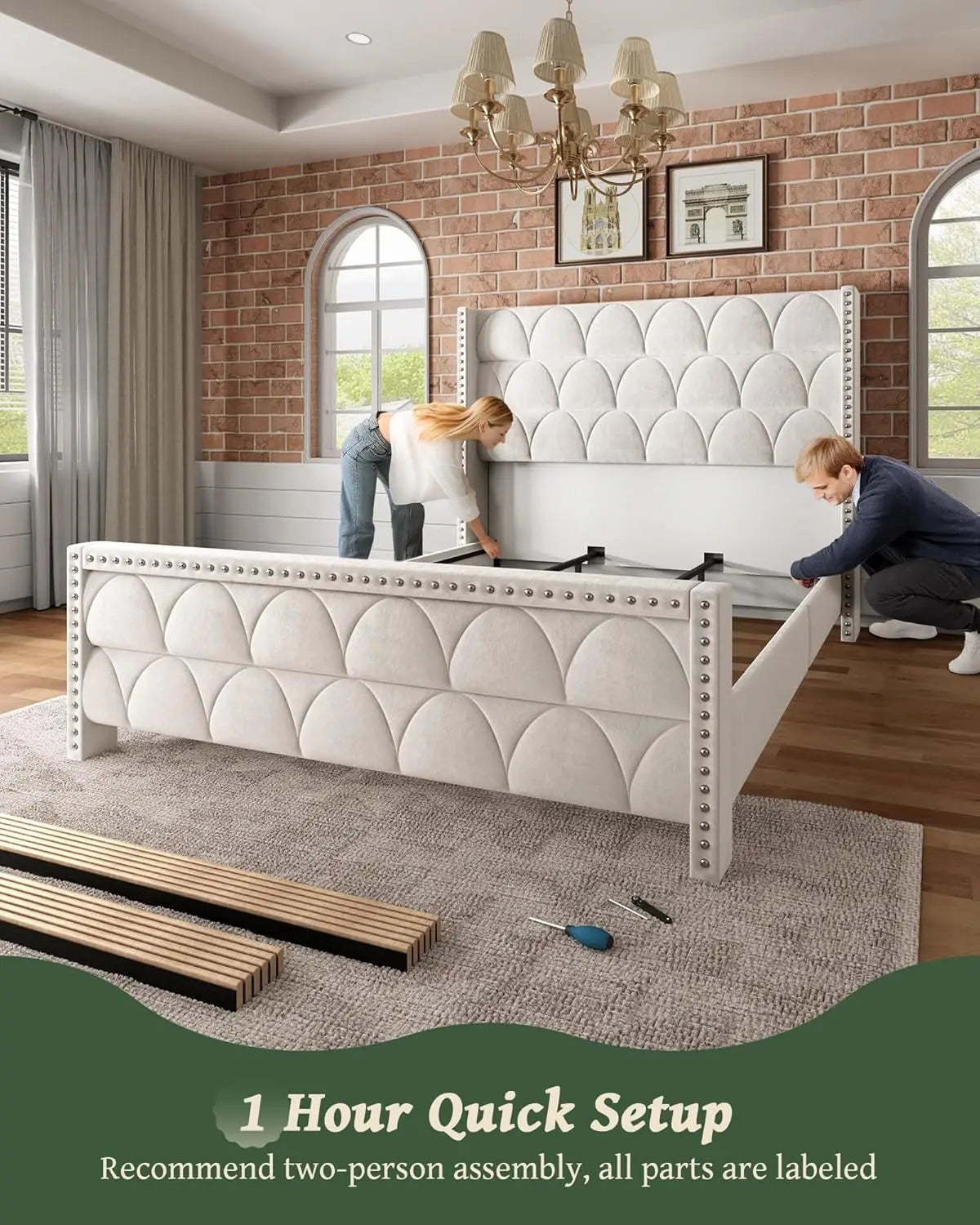 Upholstered Wingback Platform Bed Frame, Noise-Free Support