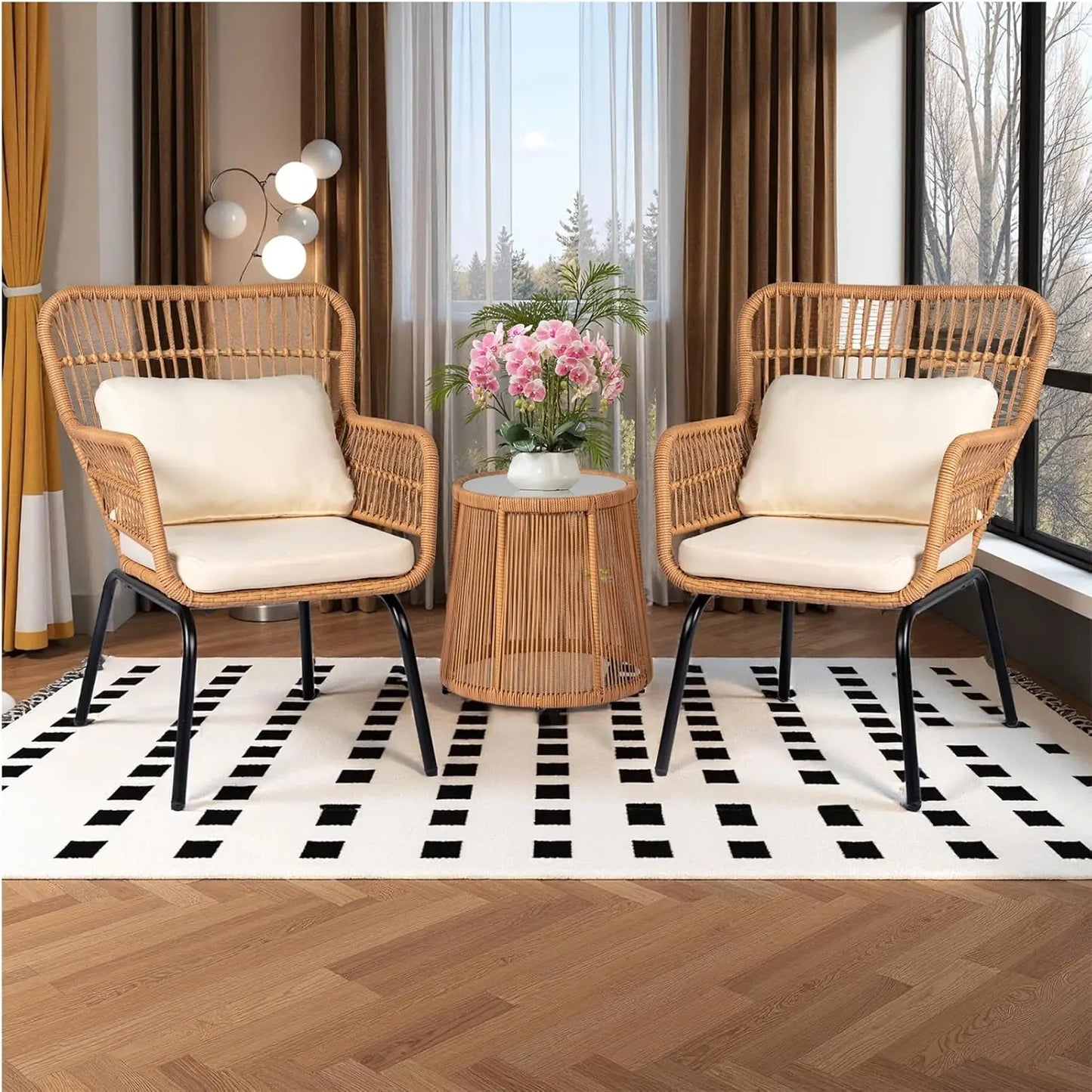 Patio Conversation Set w/2 Large Rattan Chairs and Tempered Glass Table