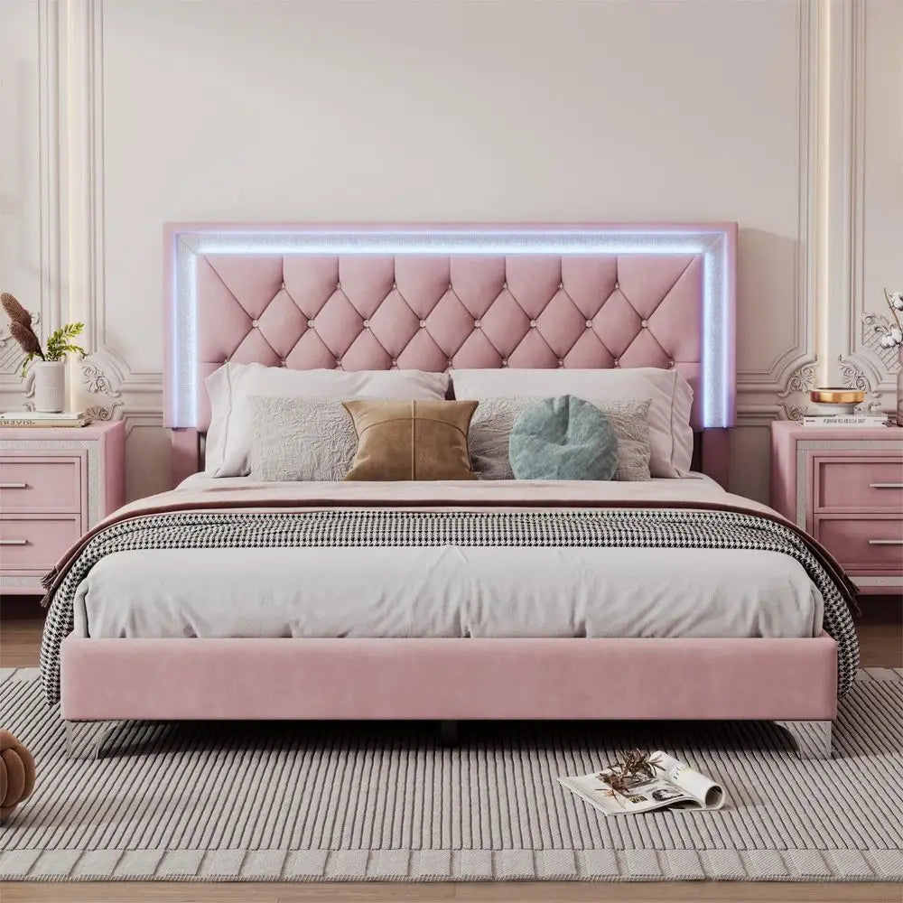 Upholstered Platform Bed with LED Lights and 2 Nightstands