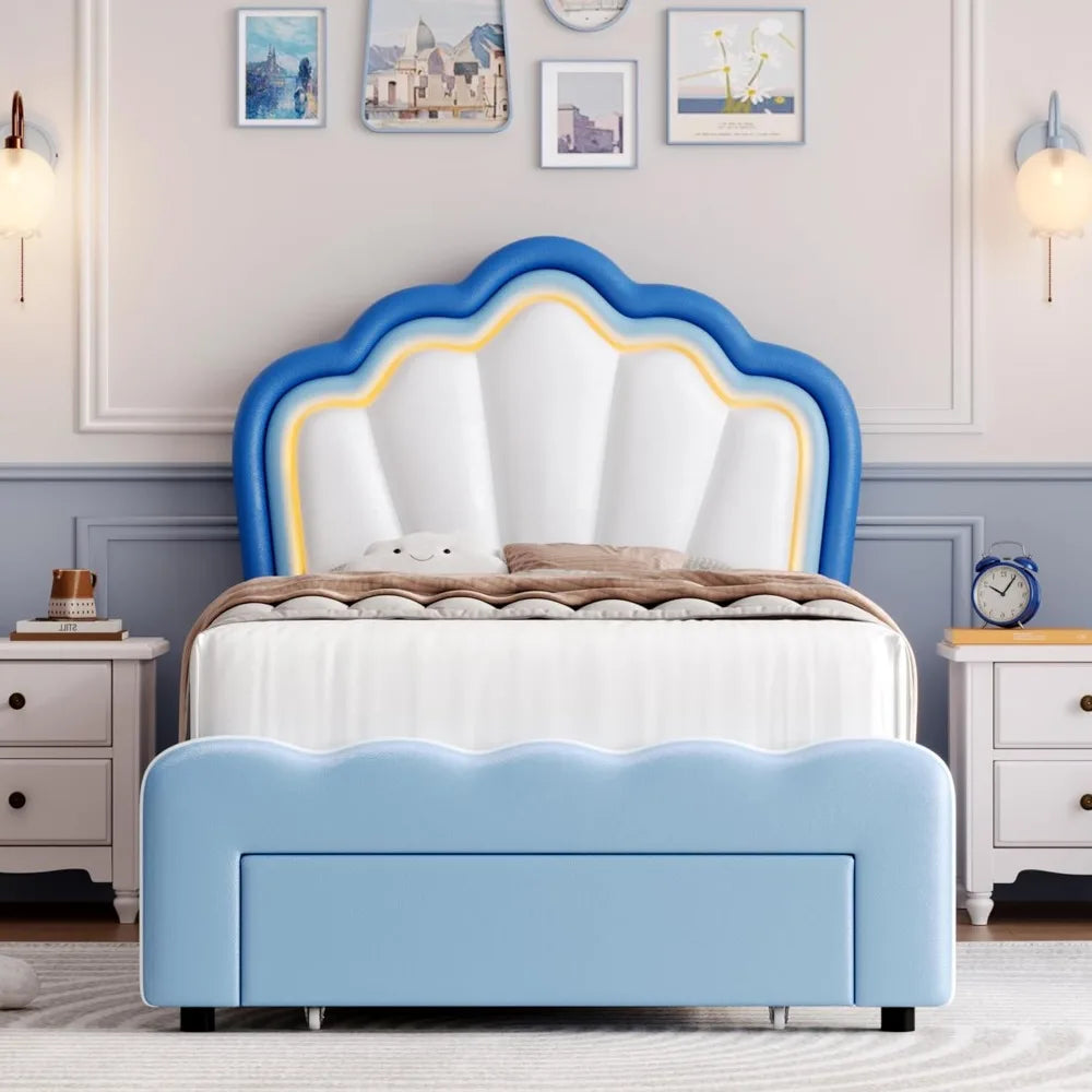 Twin Upholstered LED Bed Frame with Storage Drawers with Adjustable Lotus Headboard