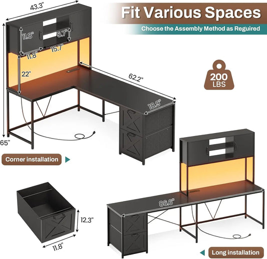 Reversible L Shaped Computer Desk with Fabric Drawers and Power Outlet