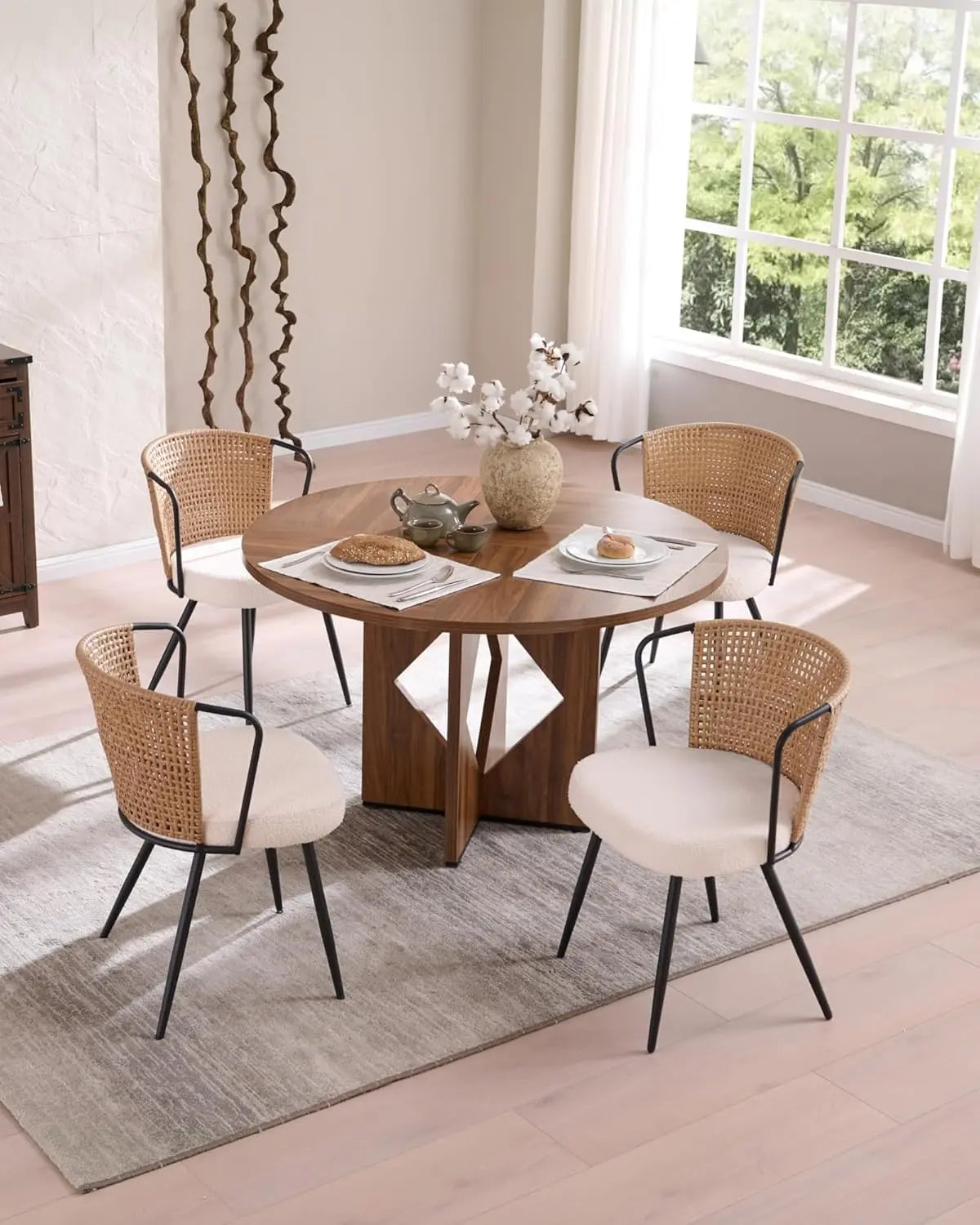 Rattan Dining Chairs with Boucle Cushion and Metal Legs