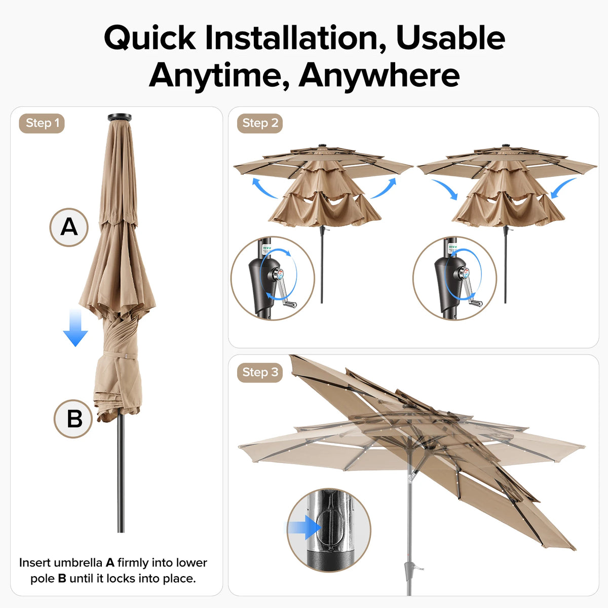 LED Lights Crank 8 Sturdy Ribs Patio Umbrella