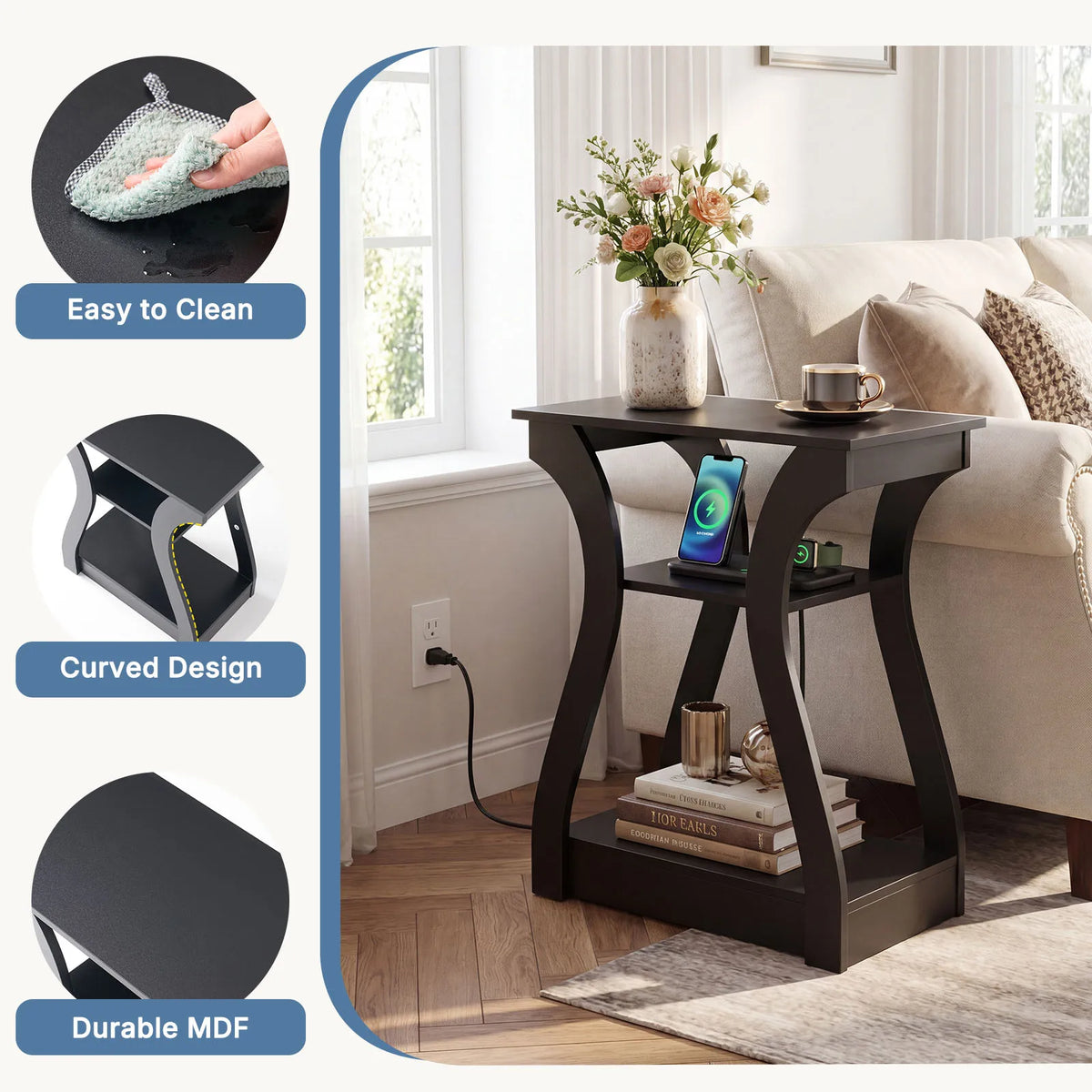 Charging Station Side Table Storage Display Nightstand Bedside