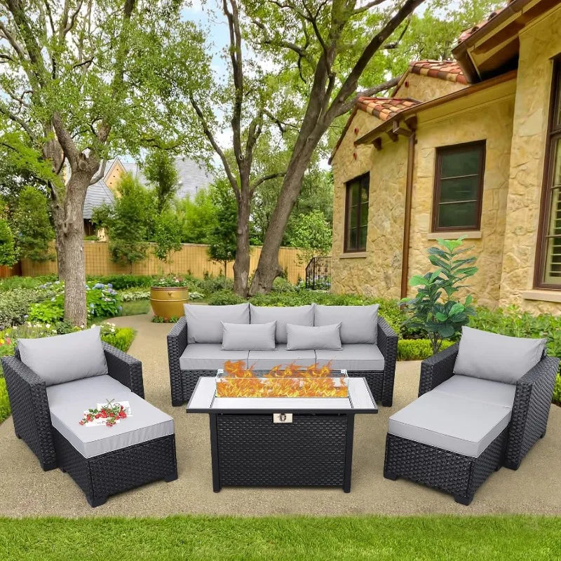 Light Grey Patio Set with Propane Fire Pit Table