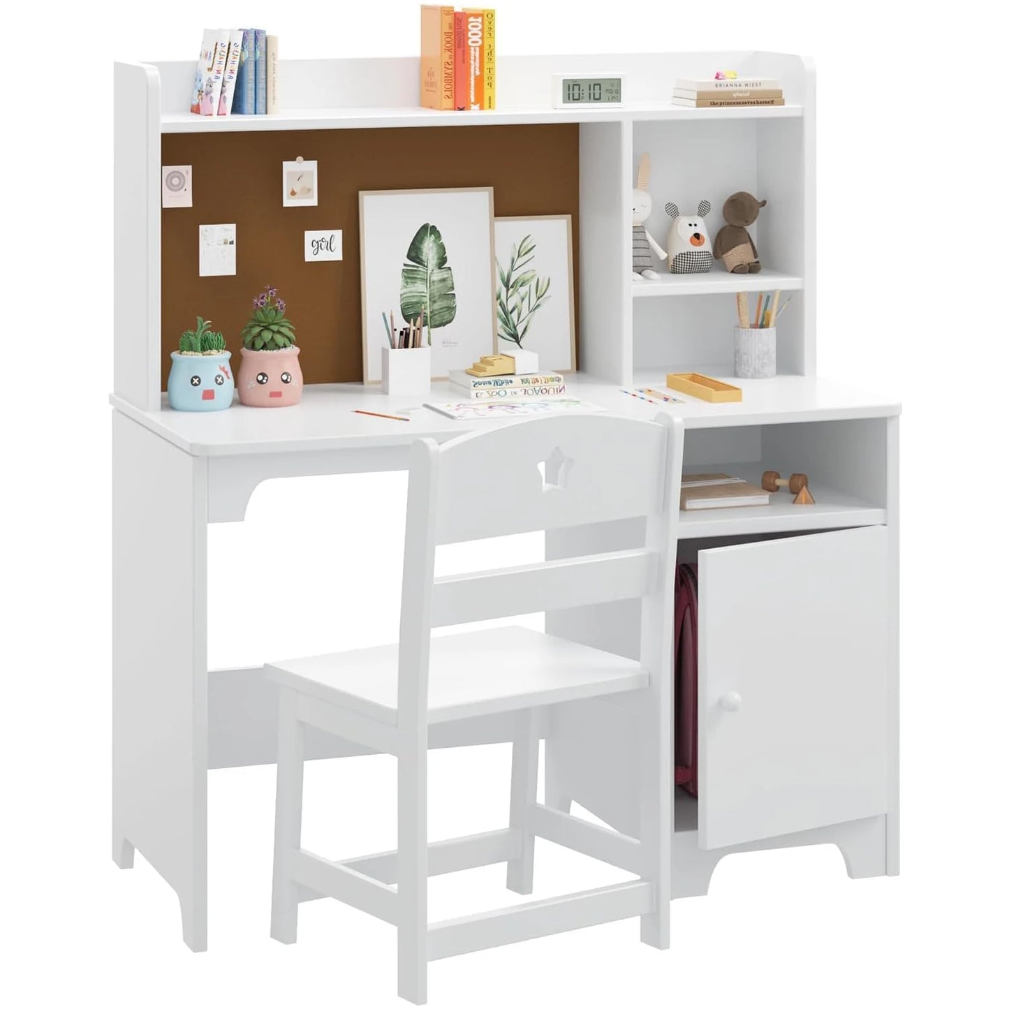 Wooden Student Writing Table Computer Workstation with Hutch Storage Cabinet