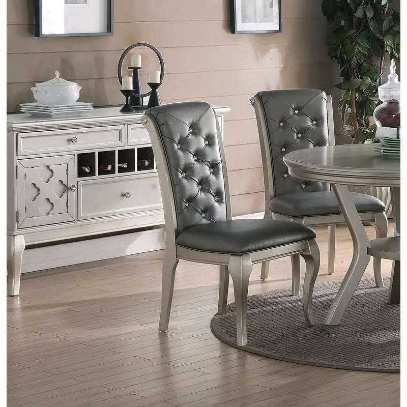 Rect. Glass Dining Table Set w/ Silver Hue & 6 Tufted Side Chairs