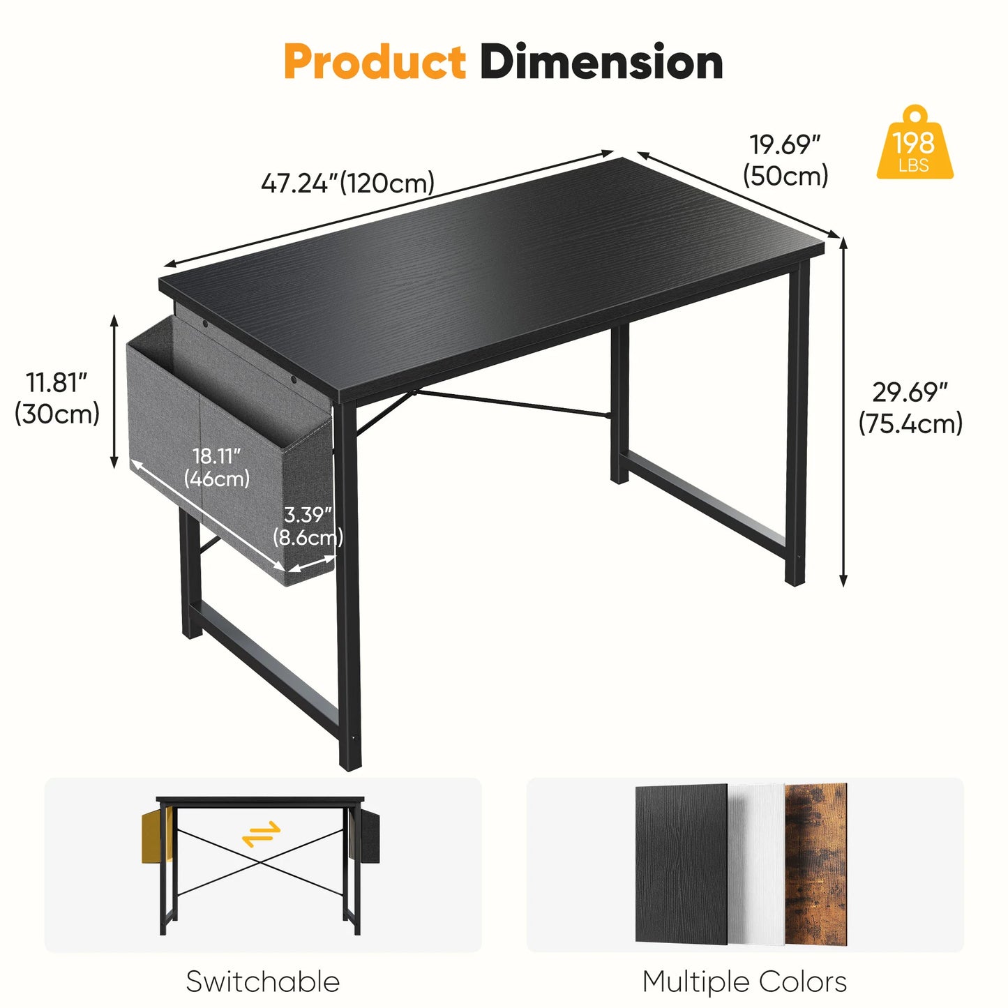 Writing Study Table with Storage Bag Metal Frame