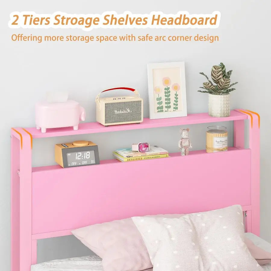 Twin Bed Frames for Kids with Storage Shelves Headboard