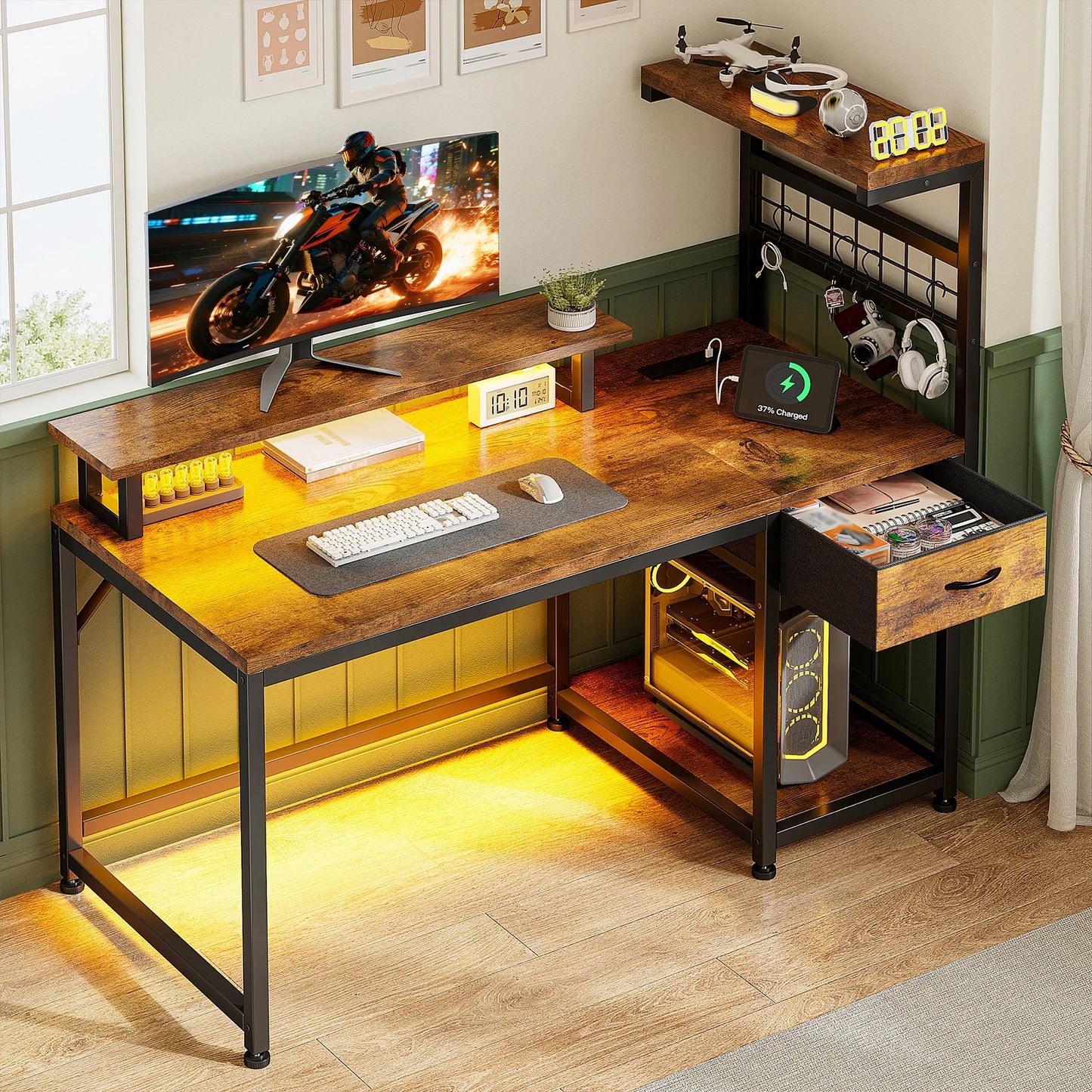 Computer Desk with Power Outlets RGB LED Lights