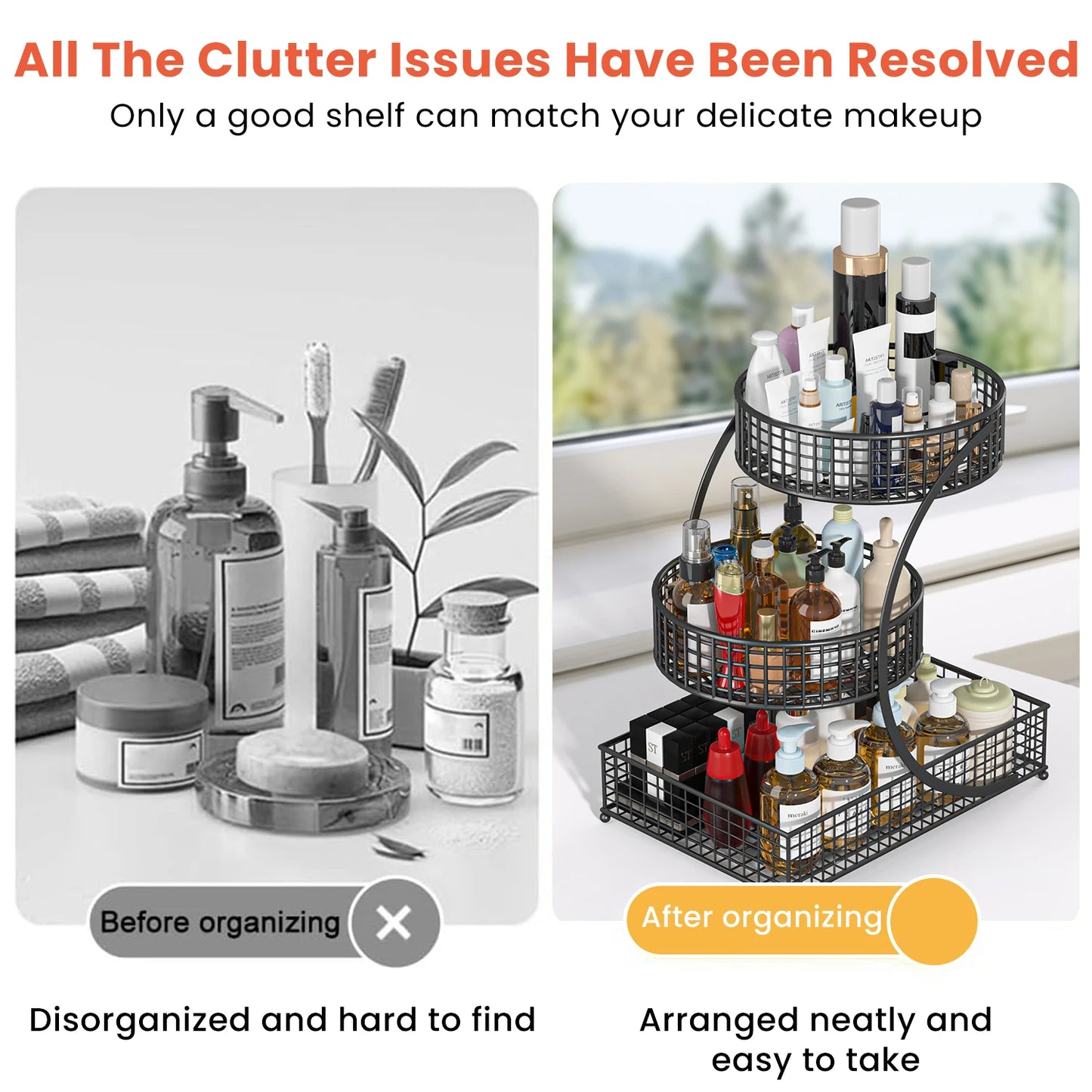 3-Tier Round Metal Storage Rack - No Assembly Required, Cosmetic Organizer, Fruit & Vegetable Basket, Kitchen Storage Gift