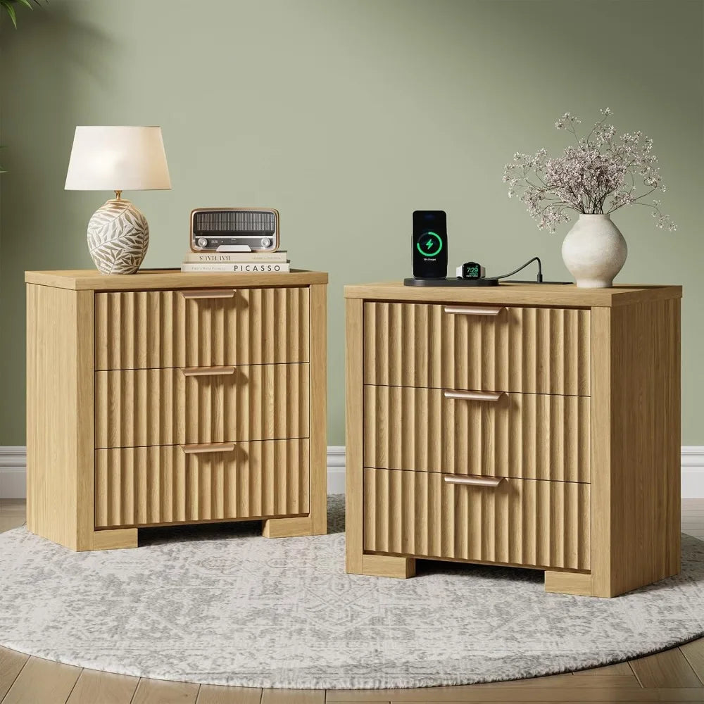 Fluted Nightstand with Charging Station
