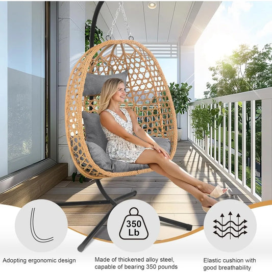 All-Weather Rattan Swing Egg Chair with Stand & Cushions